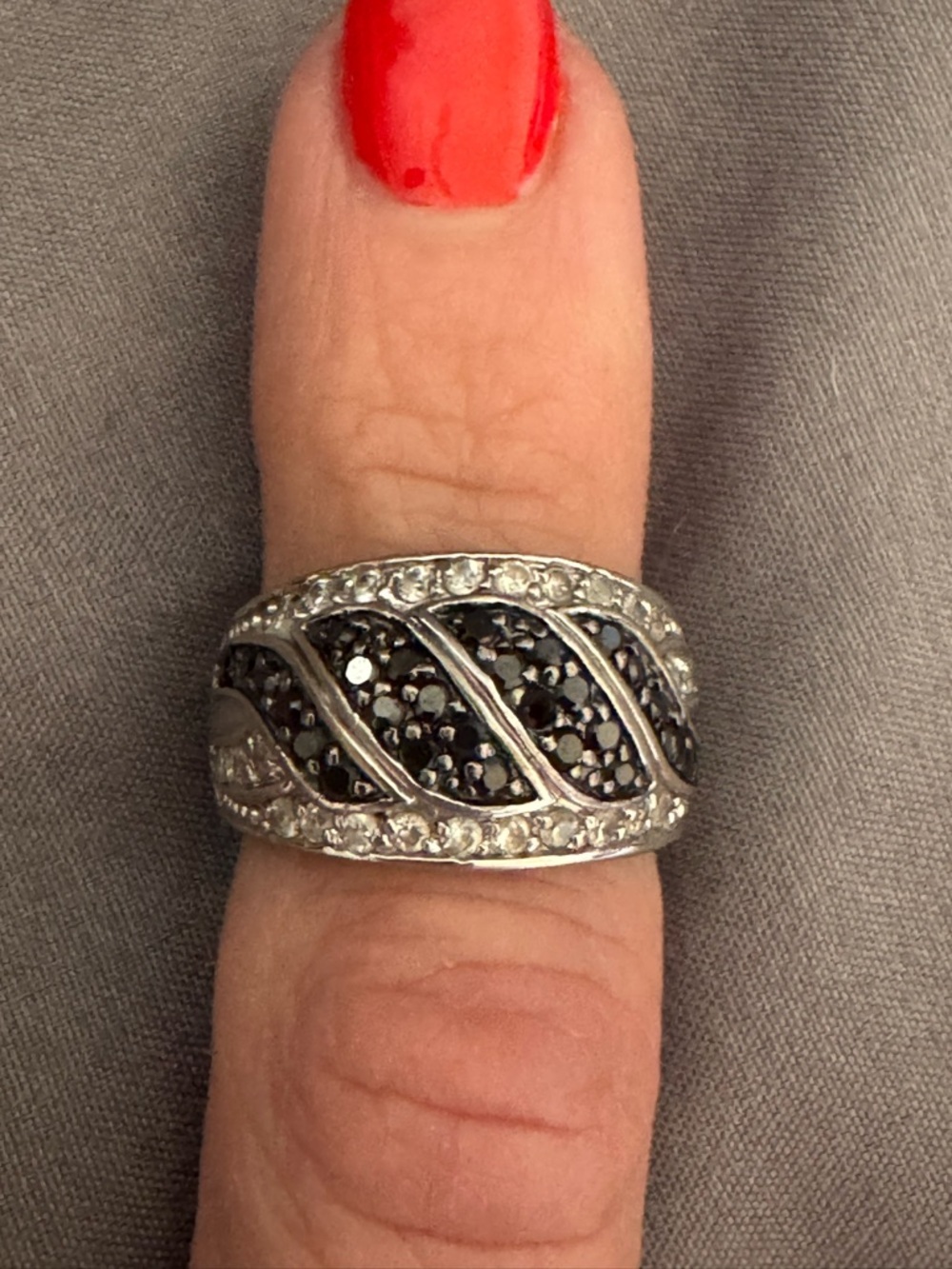 Sterling Silver 925 Black & White diamond Statement Ring Wide Band Cocktail Ring - Picture 9 of 11